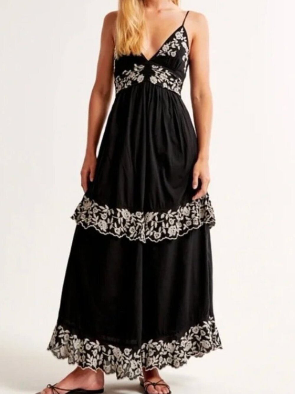 Abercrombie & Fitch Tiered Ruffle Embroidered Maxi Dress Black - Medium - NWT